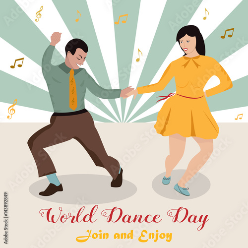 Bright illustration of the couple dancing boogie-woogie. World Dance Day