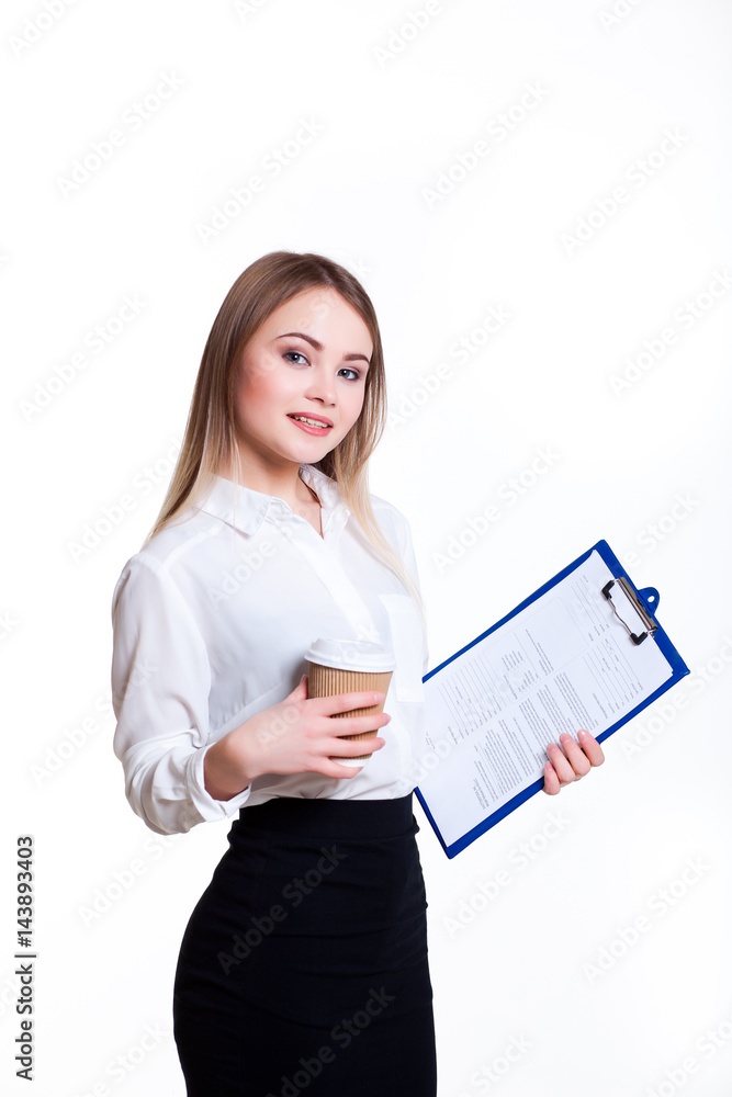 Young attractive business girl on a white background with folder Young attractive business girl on a white background with folder