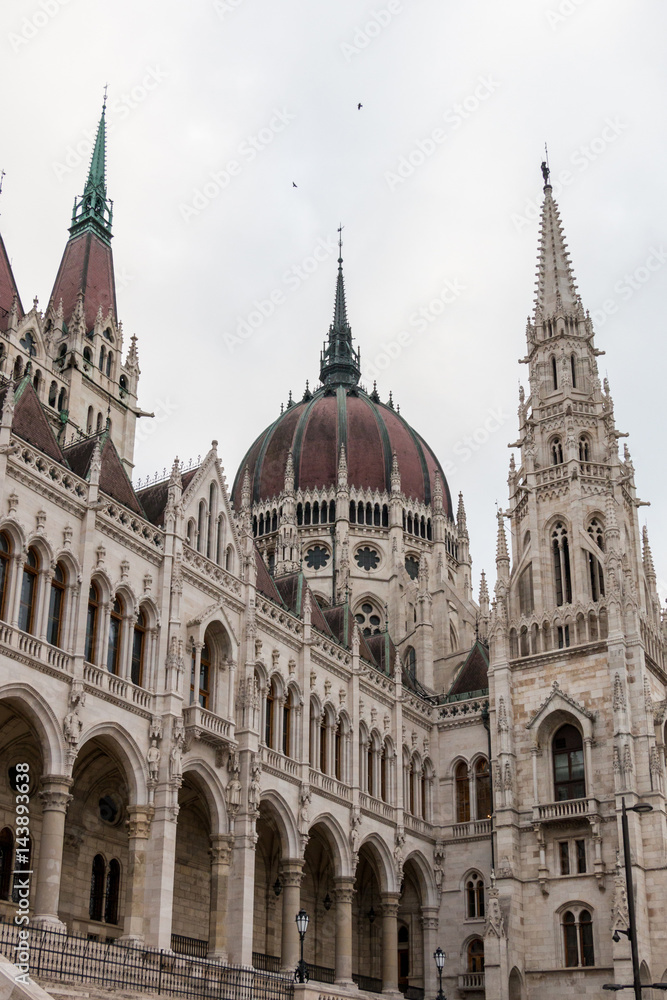 Architecture details of the west side of hungarian parliament building located in Budapest, Hungary