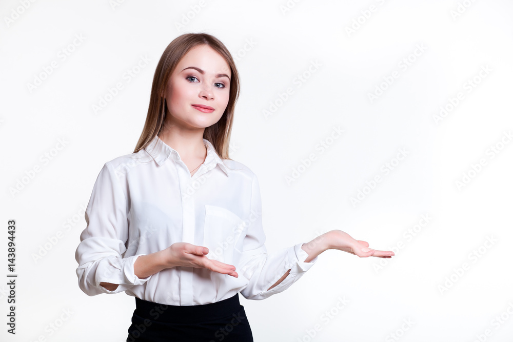 Young attractive business girl on a white background, space for text Young attractive business girl on a white background, space for text