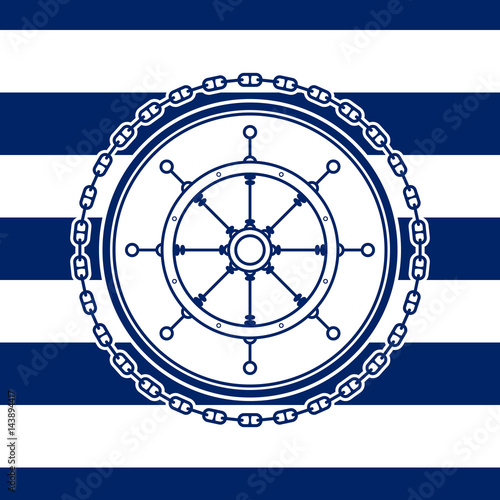 Sea Emblem on a Striped Marine Background,a Ship's Wheel in a Line Style, Vector Illustration