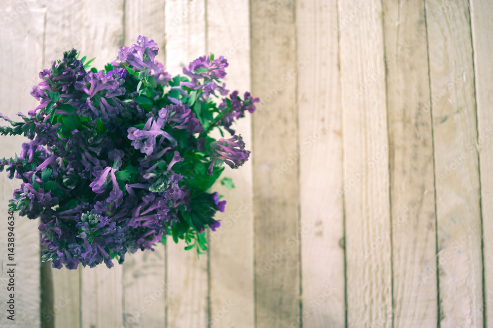 Fototapeta premium Primroses on a wooden background.