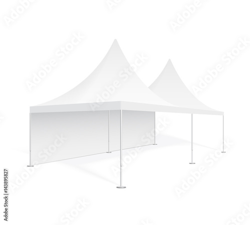 Big mobile marquee for trade show, weddings and events. Promotional outdoor event pop-up white tent. Realistic 3D mockup, template for your design, isolated on background.  Product advertising vector.