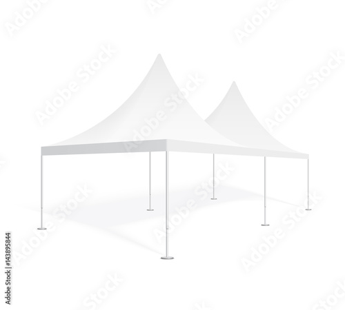 Big mobile marquee for trade show, weddings and events. Promotional outdoor event pop-up white tent. Realistic 3D mockup, template for your design, isolated on background.  Product advertising vector.