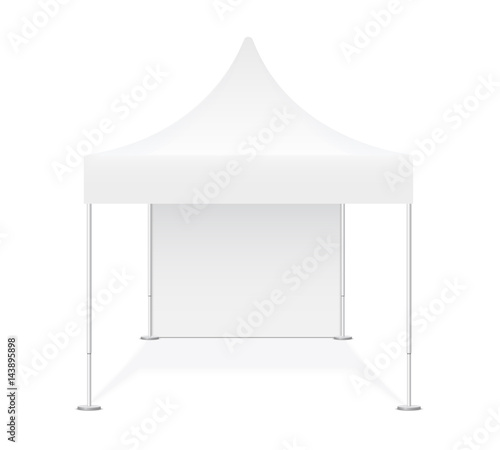 Promotional advertising show outdoor event trade pop-up tent mobile marquee. Illustration of pavilion isolated on white background. Realistic mock up, template for your design. Vector EPS10.