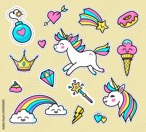 Unicorn badge set. Fashion vector patch badges with white unicorns, hearts, rainbow, diamond, star, crown, magic wand, ice cream, donut, others. Stickers, pins, patches in cartoon 80s-90s comic style.