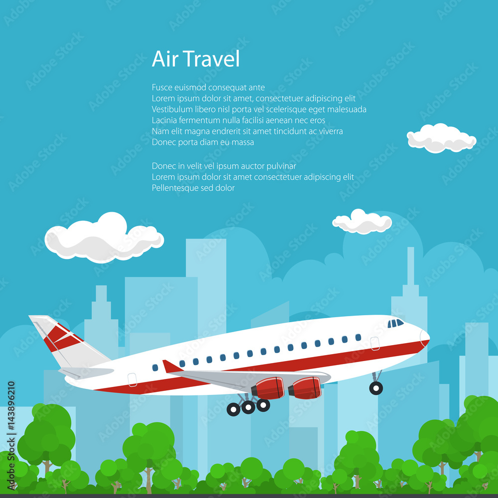 Airplane on the Background of the City Flies to the East and the Text, Air Travel Concept , Brochure Flyer Poster Design, Vector Illustration