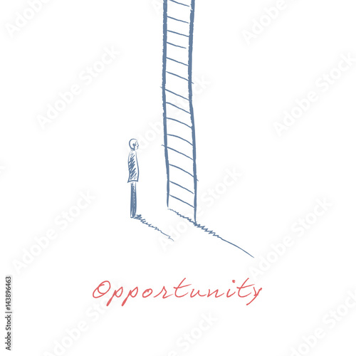 Corporate ladder concept illustration. Businessman making big career decision. Hand drawn sketch design.