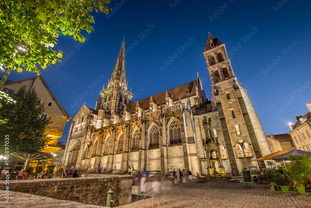 Historic town of Autun with St. Lazare Cathedral at night, Burgundy, France