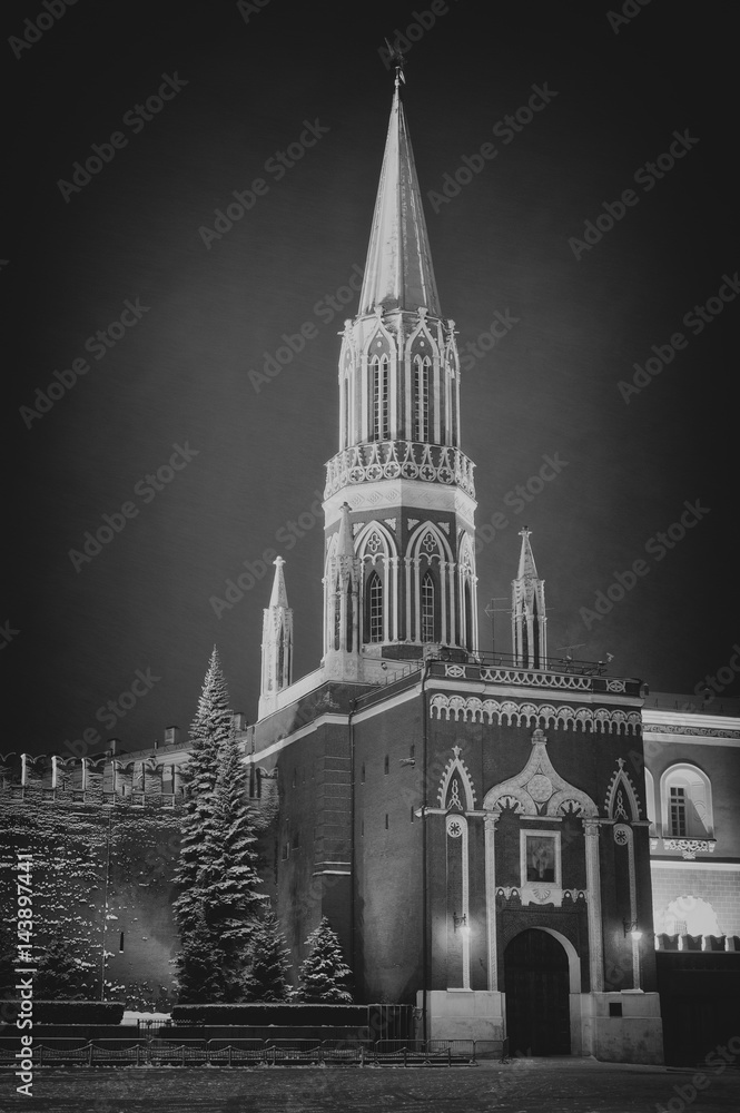 View of Red Square at winter black and white tonned, Moscow, Russia.