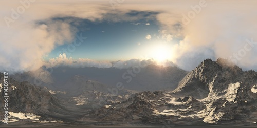 panorama of mountains. made with the one 360 degree lense camera without any seams. ready for virtual reality. 3D illustration