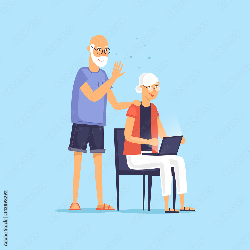 Mature couple sitting on the Internet. Vector illustration flat style. Mature couple sitting on the Internet. Vector illustration flat style.