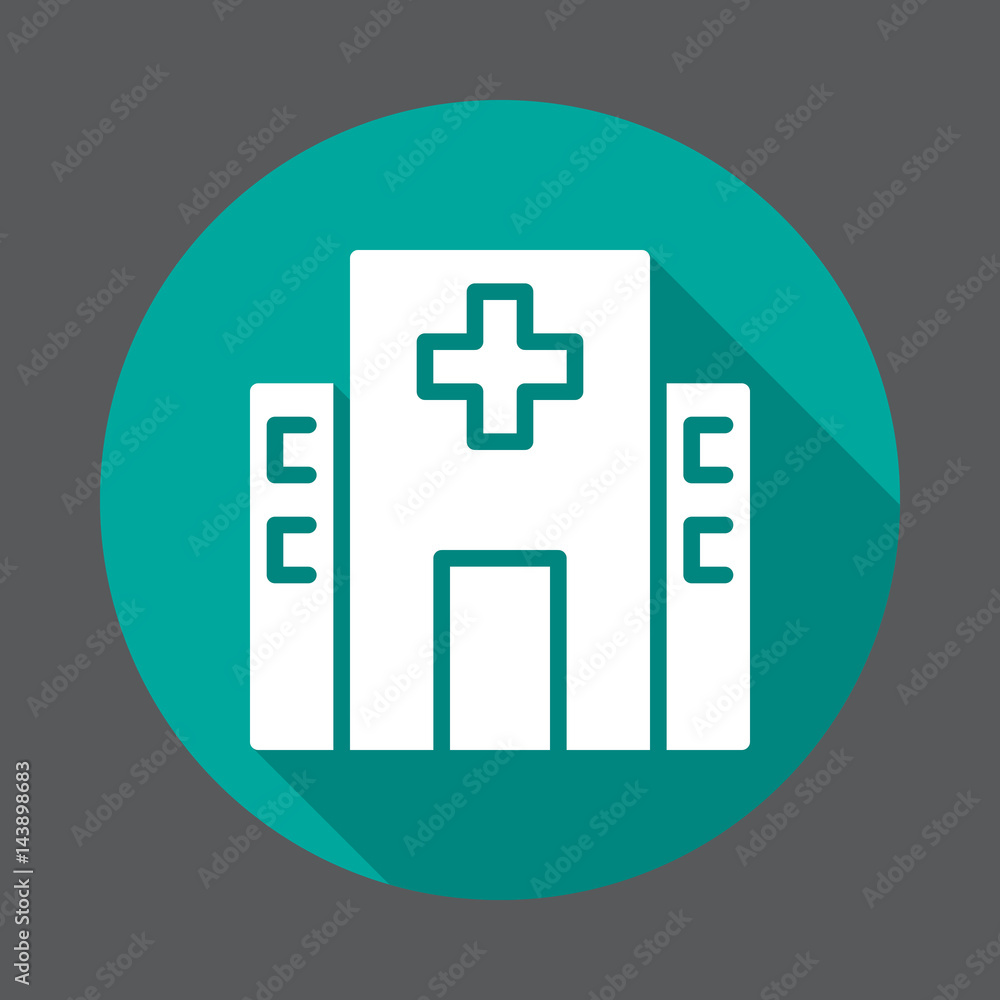 Obraz premium Hospital building flat icon. Round colorful button, circular vector sign with long shadow effect. Flat style design
