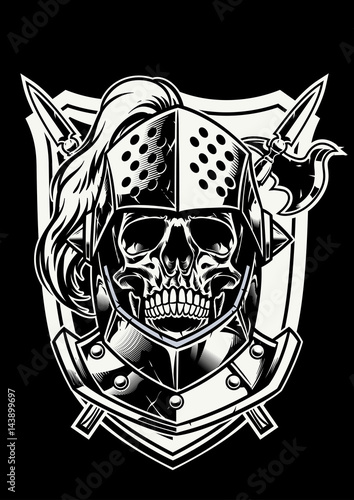 Skull of knight warrior with crossed weapon
