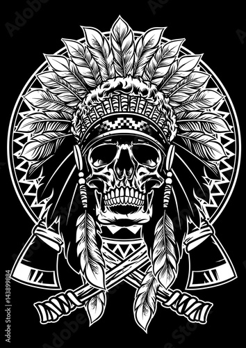 skull of native american warrior with tomahawk