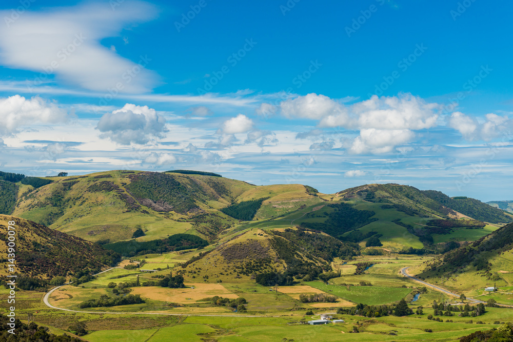 view of Green hills and valleys of the South Island, New Zealand