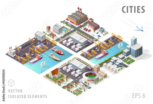 Set of Isolated Isometric Minimal City Maps. Elements with Shadows on White Background