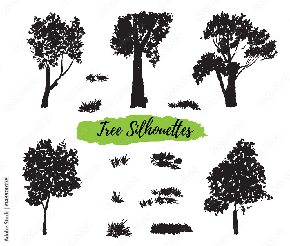 Fototapeta premium Collection of silhouettes of trees and herbs