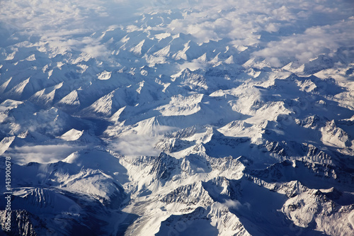 Beautiful scenery in Tibet with white snowscape mountain . aerial view .