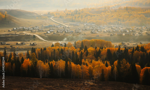Hemu village on Kanas Nature Reserve, Autumn scene ,Xinjiang, China . photo