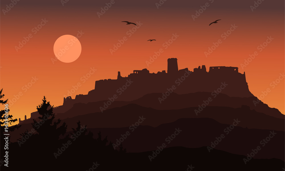 realistic silhouette of the ruins of a medieval castle built on a hill beyond the forest under a dramatic sky with the moon, flying birds and rising sun - vector