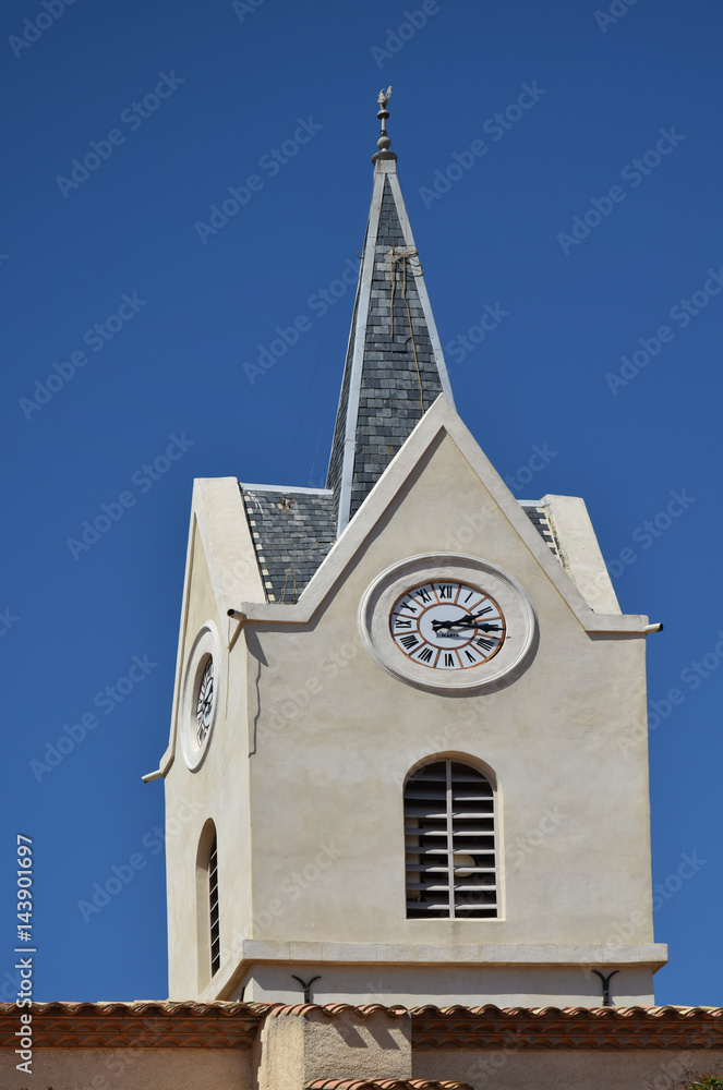 Clocher église Leucate village, Aude, Occitanie.