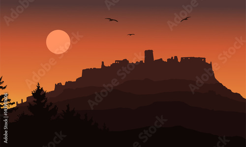 realistic silhouette of the ruins of a medieval castle built on a hill beyond the forest under a dramatic sky with the moon, flying birds and rising sun - vector