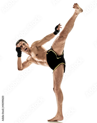 one caucasian Muay Thai kickboxing kickboxer thai boxing man isolated on white background