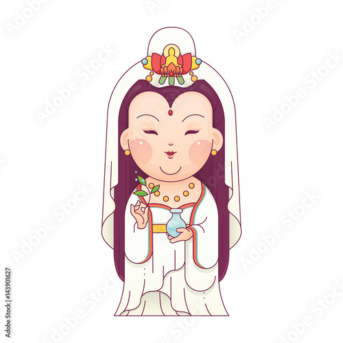 Vector Illustration of Guanyin the Goddess of Mercy. Chinese Goddess. Cartoon Character.
