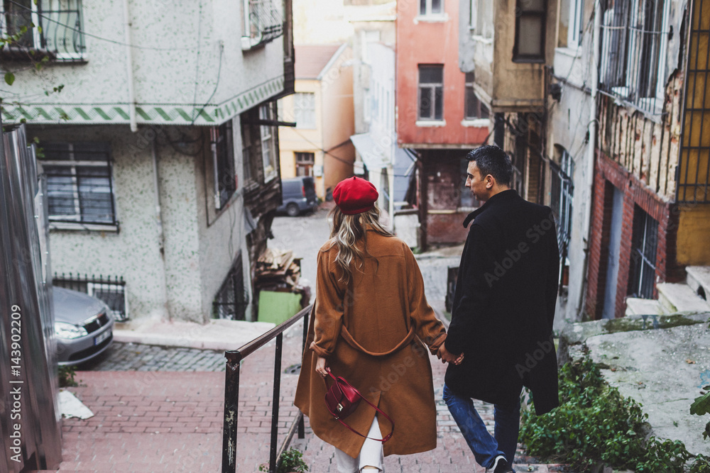 Couple walking at old istanbul streets in Balat