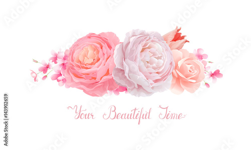 Elegance flowers bouquet of color pink roses and tulip. Composition with blossom flowers branches and lettering.