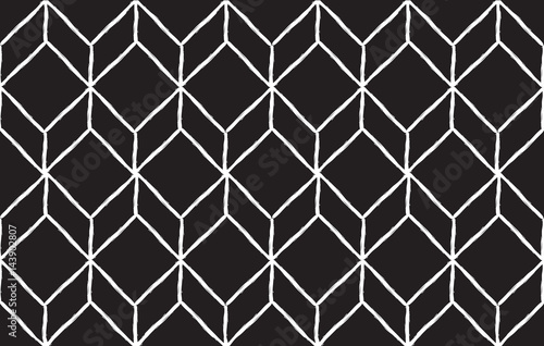 rhombus hand draw seamless pattern, black lines and dots on black background