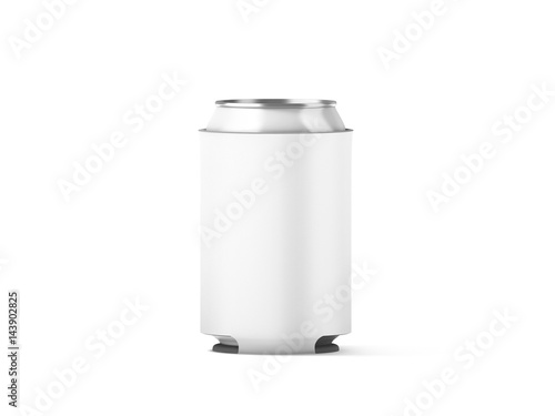 Blank white collapsible beer can koozie mockup isolated, 3d rendering. Empty neoprene cooler holder mock up for tin beverage. Plain drinkware hugger design template. Clear fizzy pop soda sleeve. photo