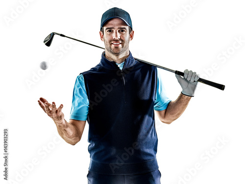 one caucasian man golfer golfing in studio isolated on white background