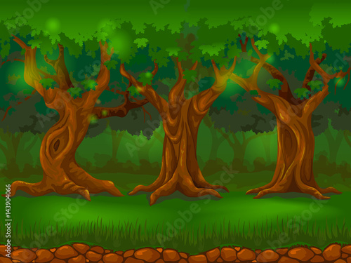 Horizontal cartoon background of an oak forest. Seamless parallax for 2D arcade computer game. Summer or spring landscape with a sunny meadow of green grass and trees. Vector illustration