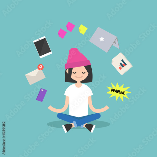 Dealing with stress. Young girl meditating with closed eyes in lotus pose surrounded by floating gadgets. Yoga and meditation / flat editable vector illustration, clip art