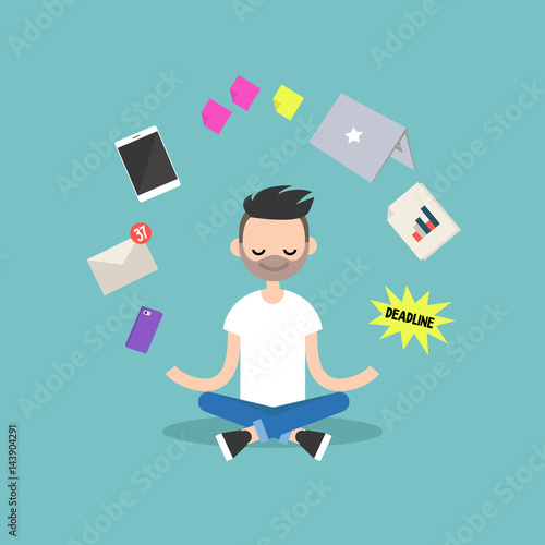 Dealing with stress. Young caucasian man meditating with closed eyes in lotus pose surrounded by floating gadgets. Yoga and meditation / flat editable vector illustration, clip art