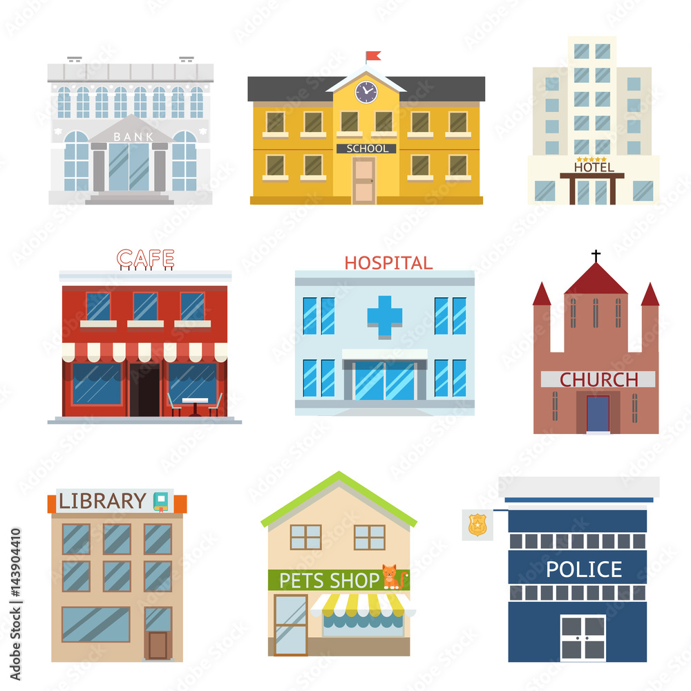 Flat design house buildings administrative religious commercial vector illustration