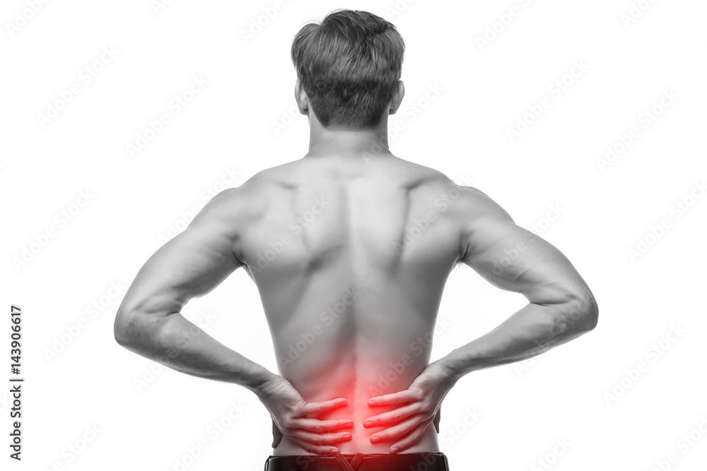 Fototapeta premium Close up of man rubbing his painful back. Pain relief, chiropractic concept