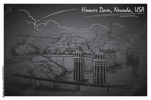 Hoover Dam stunning panoramic view. Black and white linear hand drawing. Sketch style. EPS10 vector illustration.