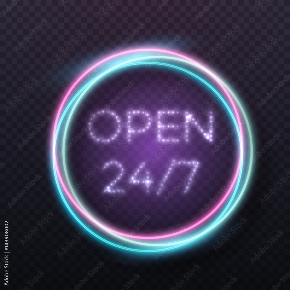 Illustration of Vector Retro Neon Sign. Open 24 Hours Glowing Neon Frame. 24 7 Realistic Neon Sign Illustration of Vector Retro Neon Sign. Open 24 Hours Glowing Neon Frame. 24 7 Realistic Neon Sign