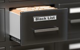 Cabinet in office with Black List folders. 3D rendered illustration.
