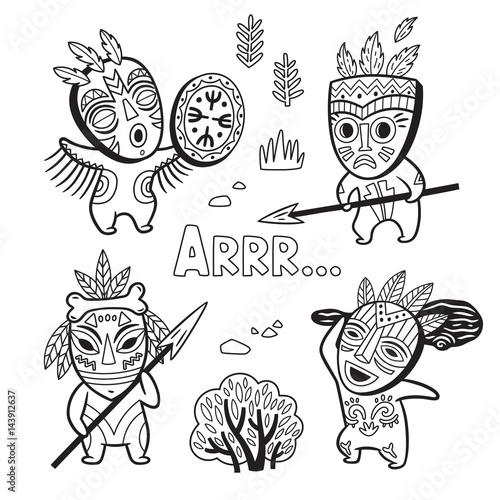 Set of stone age tribe people in masks. Coloring page