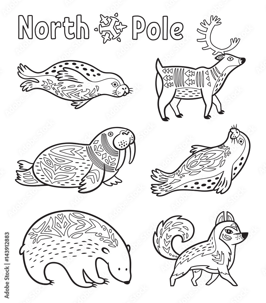 Outline Arctic animals set for coloring page Stock Vector | Adobe Stock