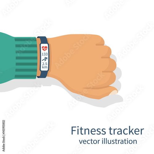 Fitness tracker on man's hand. Isolated on white background. Pulse monitor athlete. Monitoring health. Vector illustration flat design. Smart wearable device. Information on screen: pulse, distance.