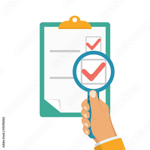 Man holding a magnifying glass in hand, watching a clipboard. Magnified check mark. Vector illustration flat design. Isolated on white background. Tick icon. Checklist.