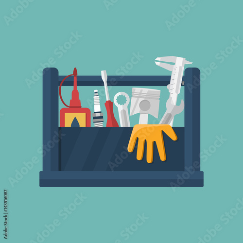 Mobile service station auto. Service center concept. Toolbox and spare parts for repair of cars. Call repairman to repair cars. Vector illustration flat design.