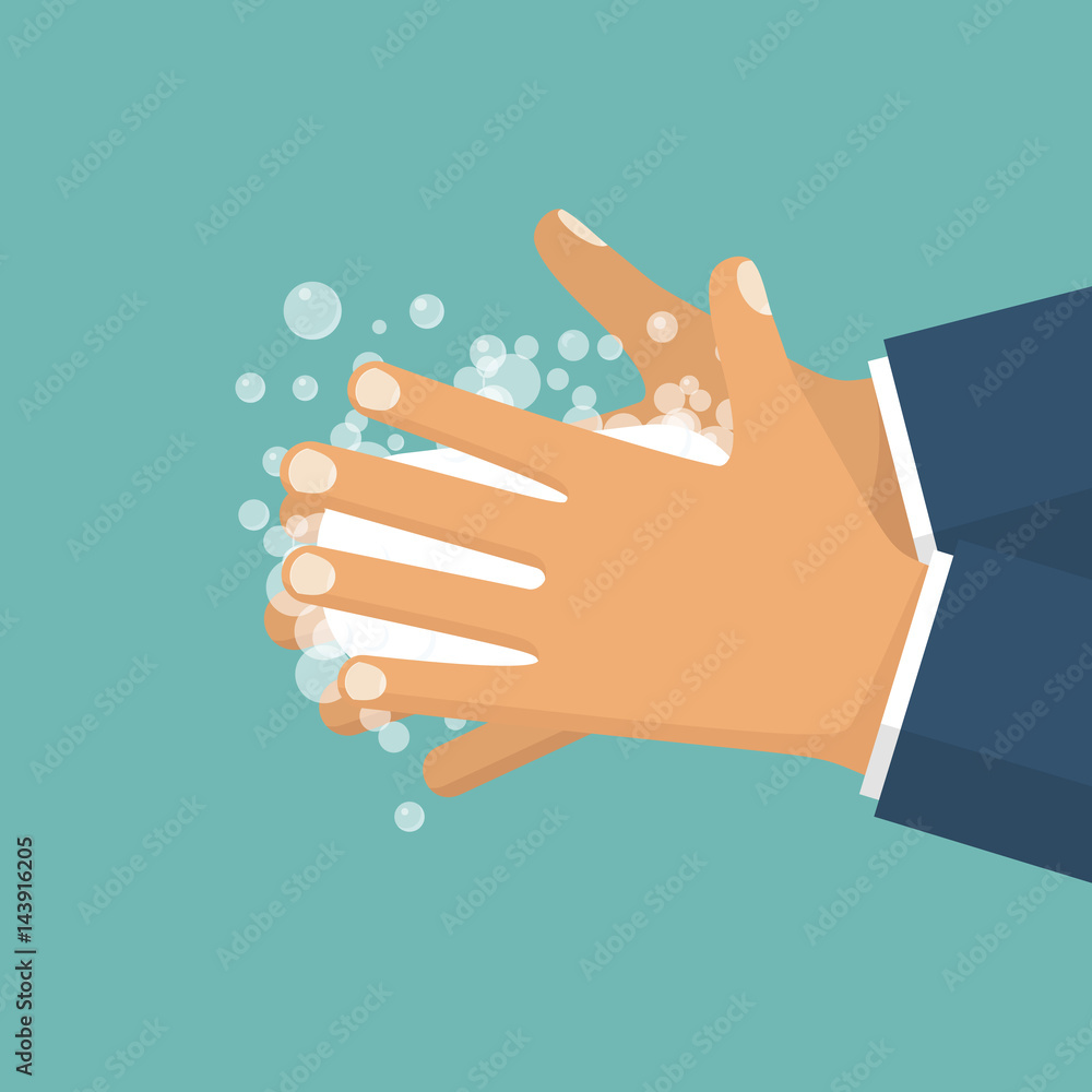 Wash hands. Man holding soap in hand. Arm in foam soap bubbles. Vector illustration flat design isolated on background. Personal hygiene. Disinfection, skin care. Antibacterial washing. Wash hands. Man holding soap in hand. Arm in foam soap bubbles. Vector illustration flat design isolated on background. Personal hygiene. Disinfection, skin care. Antibacterial washing.