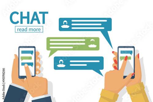 Chat concept. Man and female hold in hand smartphone. People using mobile gadgets for communication. Texting messages in internet. Vector illustration flat design. Isolated on white background.