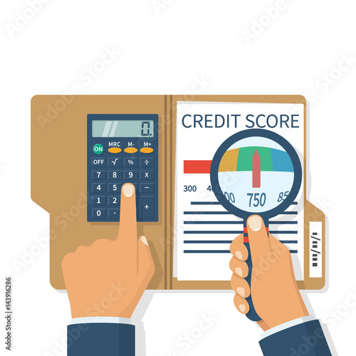 Credit score, gauge. Study credit information. Hold calculator and magnifying glas. Report form document. Vector illustration flat design. Isolated on white background. Graph sheet. Financial rating.
